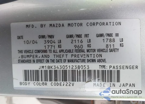 2005 Mazda Mazda3 S из США, поврежденный, VIN JM1BK343051238053